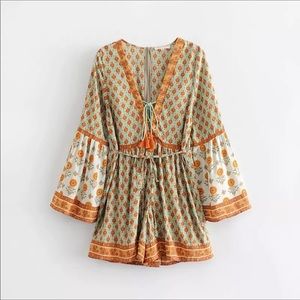 Boho Chic Green & Orange Floral Print Romper